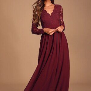 New Lulus Awaken My Love Burgundy Long Sleeve Lace Maxi Dress Medium Cocktail